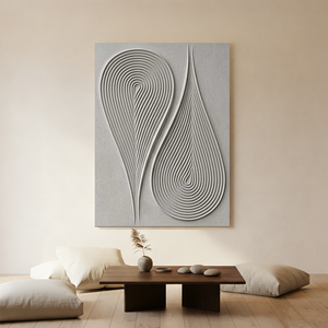 Large hand-painted 3D textured beige abstract oil painting with two teardrop-shaped concentric swirls, displayed in a serene minimalist living room with Zen-style decor.