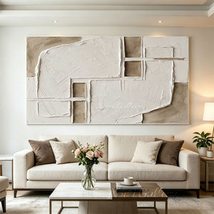 A 100% hand-painted modern minimalist oil painting featuring thick, cross-hatch textured plaster white geometric blocks over a warm sandy-grey beige background.