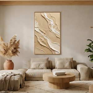 3D Fluid Wave Textured Painting | Minimalist Beige Canvas Art #SS172