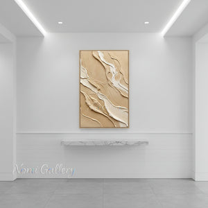 3D Fluid Wave Textured Painting | Minimalist Beige Canvas Art #SS172