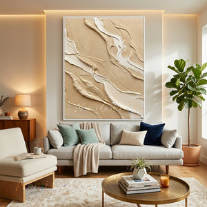 Original handmade 3D heavy textured abstract oil painting showcasing sweeping fluid wave patterns in oatmeal beige and light sand with subtle charcoal black lines, styled in a warm Boho living room above a low neutral linen sofa.
