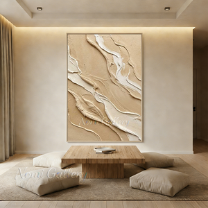 3D Fluid Wave Textured Painting | Minimalist Beige Canvas Art #SS172