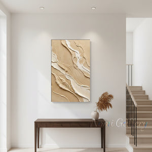3D Fluid Wave Textured Painting | Minimalist Beige Canvas Art #SS172