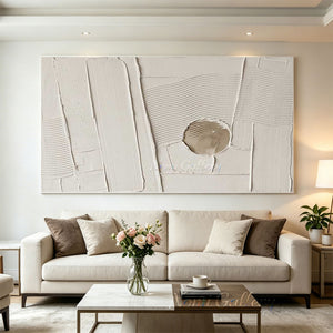 A 100% hand-painted modern wabi-sabi oil painting showcasing fine comb-textured wavy lines and thick ivory plaster blocks surrounding a circular cutout with a sandy grey-beige background.