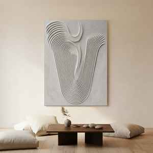 Large hand-painted 3D textured beige abstract oil painting with a sunburst radial pattern, hanging in a bright minimalist living room above a wooden console table.