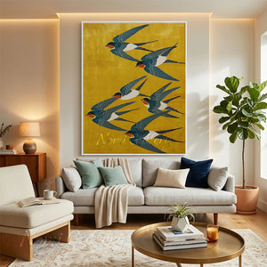 A 100% handmade modern oil painting of six swallows with deep teal wings and coral throats flying upwards in a diagonal pattern across a solid, textured mustard yellow background.