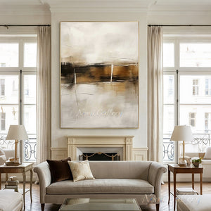 Original handmade modern abstract oil painting featuring bold jet black geometric planes and earthy taupe blocks with sharp linear brushstrokes, showcased on a light neutral wall in an upscale minimalist room.