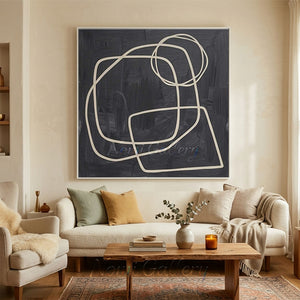 Hand-painted abstract oil painting featuring continuous beige loop lines over a heavily textured dark charcoal black painted background, perfect for minimalist and Wabi-Sabi home decor.