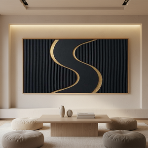 A hand-painted 3D textured oil painting with a deep black background and radiant gold metallic ridges, featuring bold sweeping relief strokes, displayed in a luxury modern living room.