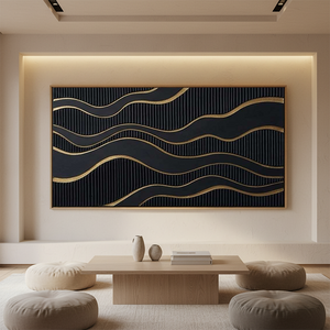 A hand-painted 3D textured oil painting featuring a radiant gold metallic semi-circle arch on a deep black background, styled in a luxury modern living room with warm lighting.