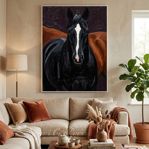 Handmade Modern Textured Black Horse Animal Canvas Art #TC028