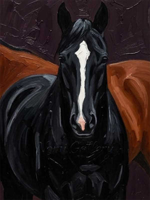 Handmade modern abstract expressionist oil painting showcasing a front portrait of a noble black horse with a prominent white blaze on its forehead, painted with heavy 3D impasto textures against a divided background of earthy terracotta brown and deep dark purple.