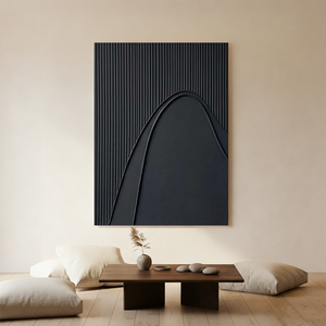 Large hand-painted 3D textured black oil painting with vertical flowing lines, displayed in a modern minimalist living room above a black console.