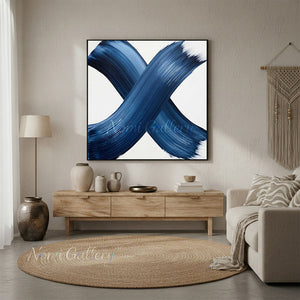 English: Modern Blue Cross Stroke Minimalist Hand-Painted Abstract Oil Canvas #SS241