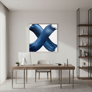 English: Modern Blue Cross Stroke Minimalist Hand-Painted Abstract Oil Canvas #SS241