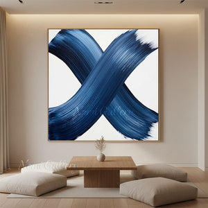 Hand-painted minimalist abstract oil painting featuring two bold, intersecting heavy texture blue brushstrokes forming an X-shape on a clean white background.