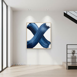 English: Modern Blue Cross Stroke Minimalist Hand-Painted Abstract Oil Canvas #SS241