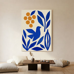 Handmade Modern Blue Bird and Orange Fruit Abstract Canvas Art #TC029