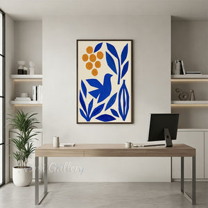 Handmade Modern Blue Bird and Orange Fruit Abstract Canvas Art #TC029