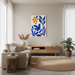 Handmade Modern Blue Bird and Orange Fruit Abstract Canvas Art #TC029