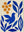 Handmade modern minimalist abstract oil painting inspired by Matisse cutout style, showcasing organic geometric shapes of a cobalt blue bird and leaves paired with marigold orange round fruits against a warm cream background.