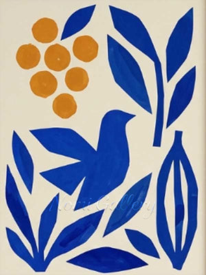 Handmade modern minimalist abstract oil painting inspired by Matisse cutout style, showcasing organic geometric shapes of a cobalt blue bird and leaves paired with marigold orange round fruits against a warm cream background.