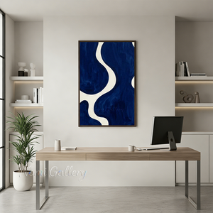 Handmade Blue Fluid Wave Abstract Framed Canvas Art #SS183