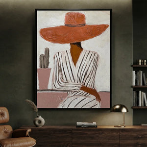 100% handmade modernism portrait oil painting featuring an elegant woman in a wide-brimmed hat, displayed elegantly above a wooden credenza in a luxury living room by Savy Canvas.
