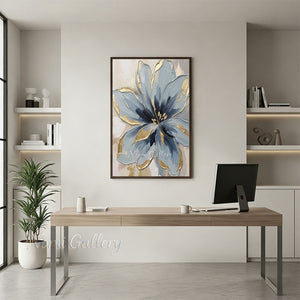 Textured Dusty Blue & Gold Foil Floral Canvas Wall Art #SS193