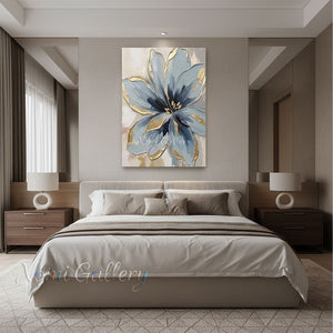 Textured Dusty Blue & Gold Foil Floral Canvas Wall Art #SS193