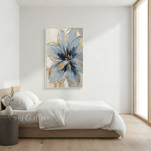 Textured Dusty Blue & Gold Foil Floral Canvas Wall Art #SS193
