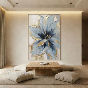 Textured Dusty Blue & Gold Foil Floral Canvas Wall Art #SS193