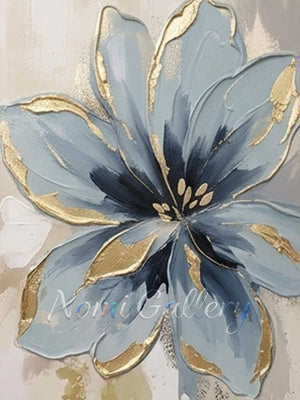 Textured Dusty Blue & Gold Foil Floral Canvas Wall Art #SS193