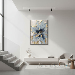 Textured Dusty Blue & Gold Foil Floral Canvas Wall Art #SS193