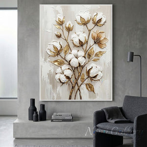 100% hand-painted textured white blooming cotton flower oil painting with luxury gold leaf accents on canvas, displayed in a modern gray living room as visualized in flower-wall-art-for-room-decor.jpg and flower-wall-art-for-modern-wall-decor.jpg.
