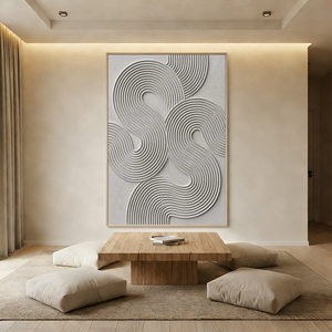 Close-up of a hand-painted 3D oil painting with raised S-curve geometric patterns in white, creating a rhythmic relief texture, shown in a modern minimalist living room setting.