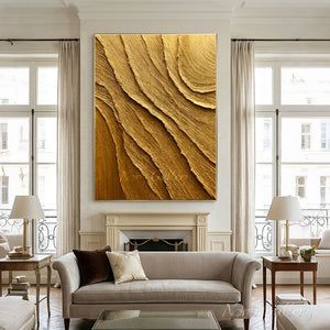 100% hand-painted heavy textured gold abstract oil painting featuring sculptural impasto waves on canvas, styled as a luxury oversized statement piece above a fireplace in a modern living room setting as seen in gold-textured-wall-art-for-room-decor.jpg and gold-textured-wall-art-for-modern-room-decor.jpg.