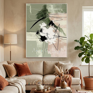 Large handmade abstract canvas painting with bold blocks of deep emerald green and charcoal black split by fine ivory lines, framed in black and hung on a minimalist light-colored wall in a high-ceiling modern room luxury interior.