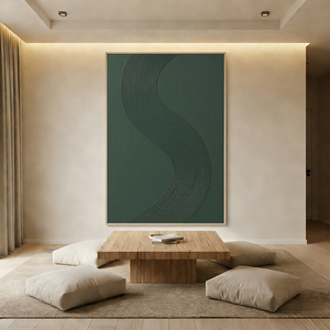 A hand-painted 3D textured oil painting in deep forest green, featuring a prominent vertical S-curve relief with fine rhythmic lines, displayed in a warm modern minimalist room.