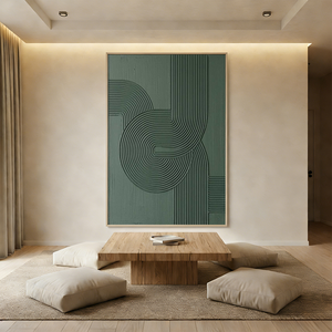 A hand-painted 3D textured oil painting in deep forest green featuring a labyrinthine pattern of interlacing straight lines and circular curves, creating a rich relief effect in a modern Zen-style room.