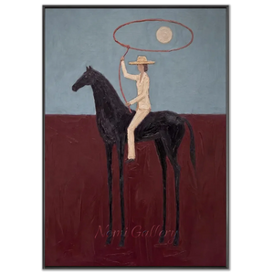 Surreal Horse & Rider Oil Painting with Lasso & Moon #NM564