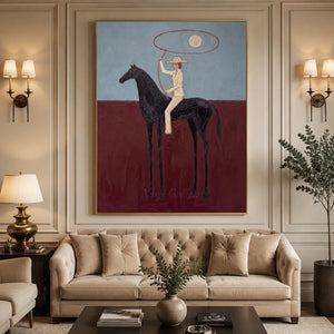 Surreal Horse & Rider Oil Painting with Lasso & Moon #NM564