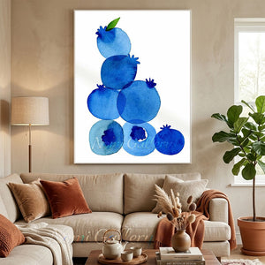 Minimalist handmade oil painting with watercolor effect showing a vertical stack of vibrant blue blueberries and one small green leaf on a clean white background.