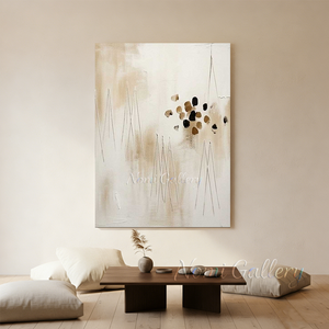 Handmade minimalist abstract oil painting featuring fluid beige and earth tone washes, thin black geometric triangular lines, and a cluster of black and brown organic pebble shapes on canvas.