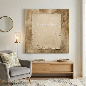 Hand-painted minimalist Wabi-Sabi abstract painting with a heavily textured beige rectangular plaster-effect centerpiece on a mottled warm earth-toned background.