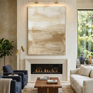 100% hand-painted modern minimalist textured abstract oil painting with heavy impasto warm beige, cream white, and sand brown textures on canvas, styled as a premium oversized statement wall art piece above a modern fireplace mantle in a luxury neutral living room environment as visualized in minimalist beige painting.jpg and minimalist-beige-painting-for-fireplace-decor.jpg.