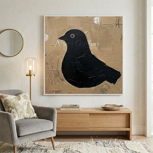Hand-painted minimalist textured oil painting of a single white bird perched on stacked round green stones against a warm oatmeal background with a soft yellow sun.