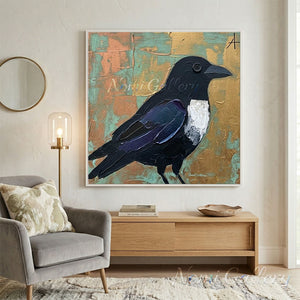 Hand-painted minimalist textured oil painting of a single black bird flying across a soft yellow sun on a warm oatmeal and sand colored canvas background.