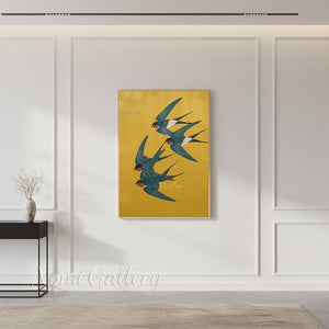 Art Nouveau Swallows Painting | Handmade Golden Wall Art #SS277