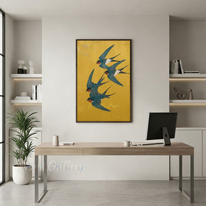 Art Nouveau Swallows Painting | Handmade Golden Wall Art #SS277